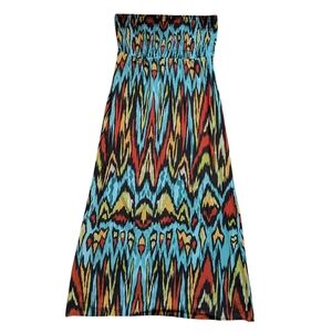 Nicole Miller Womens Size Medium Smocked Strapless Midi Dress Ikat Tribal Boho